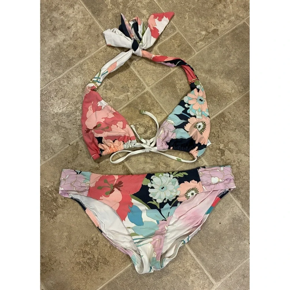 Trina Turk Floral Bikini Set Halter Tie Top & Bottom Multicolor Swimsuit S/M
